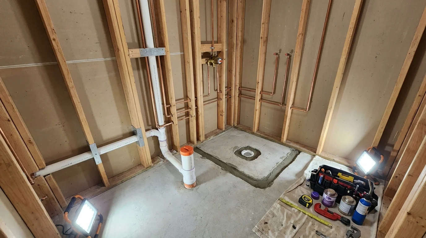 Bathroom rough-in plumbing during remodel by Johns Plumbing LLC in Stow