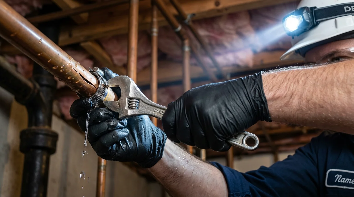 Emergency pipe clamp repair being performed by a Johns Plumbing LLC plumber in Stow