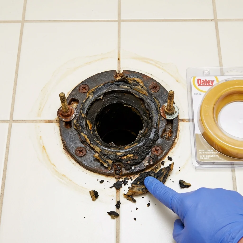 Failed wax ring showing water seepage at the base of a toilet in a Stow, OH home