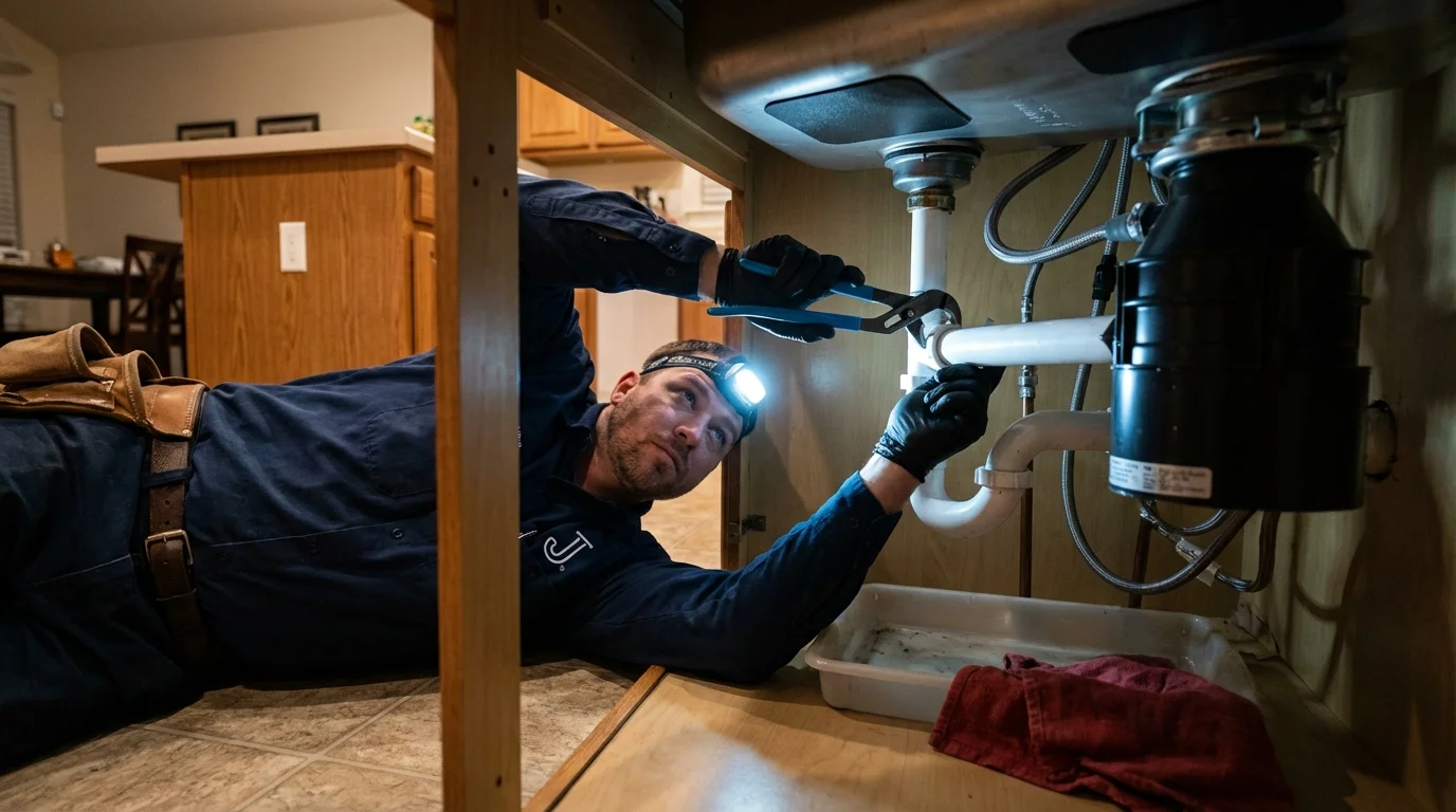 P-trap and supply line connections under a kitchen sink showing a common leak point in Stow, OH
